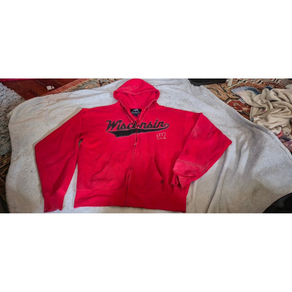 J America Wisconsin Badgers Full Zip Hoodie Red Embroidered Mens Large NCAA